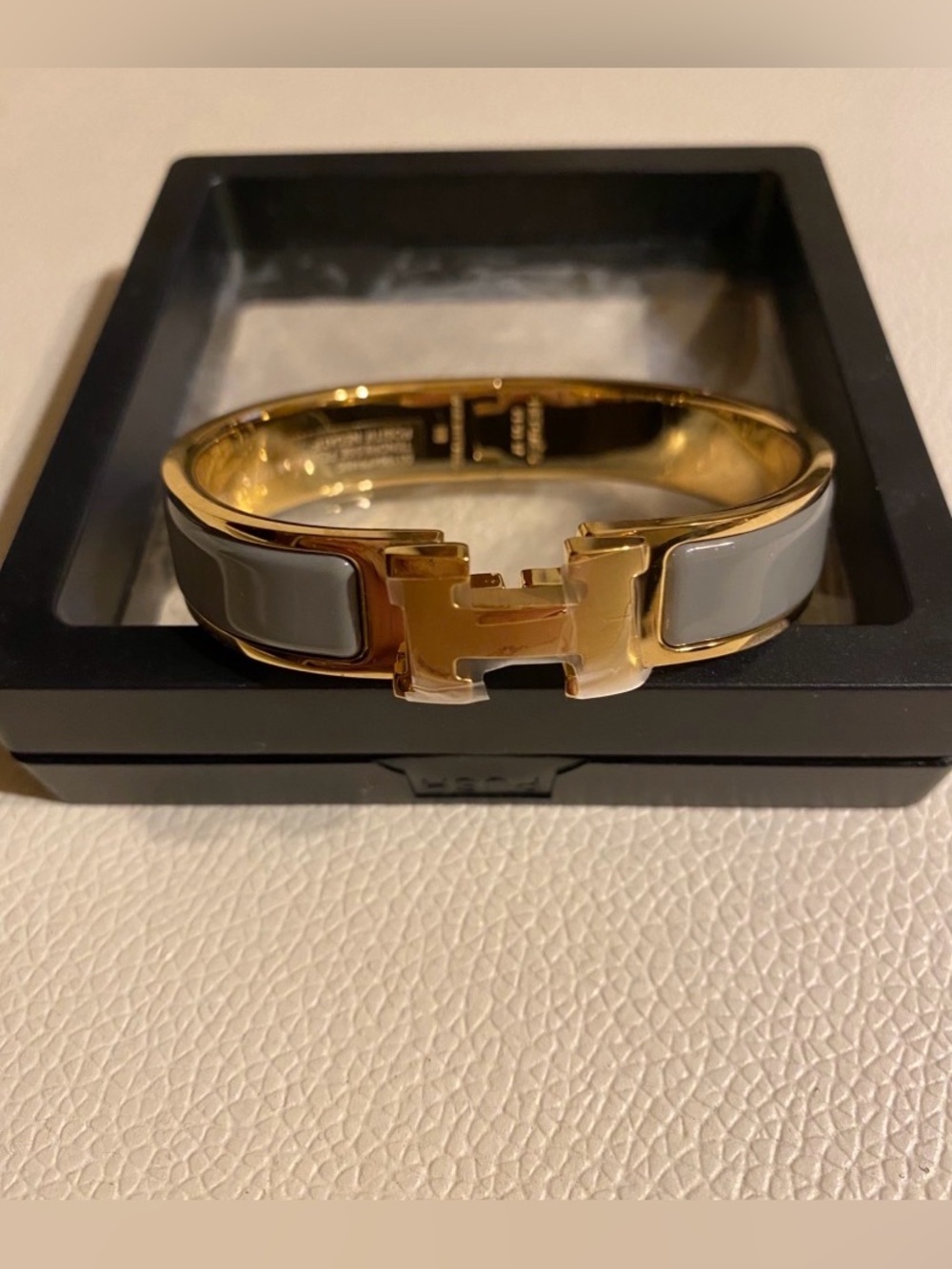 Hermes 12mm Grey Enamel Gold Bracelet H Turn Logo Clasp